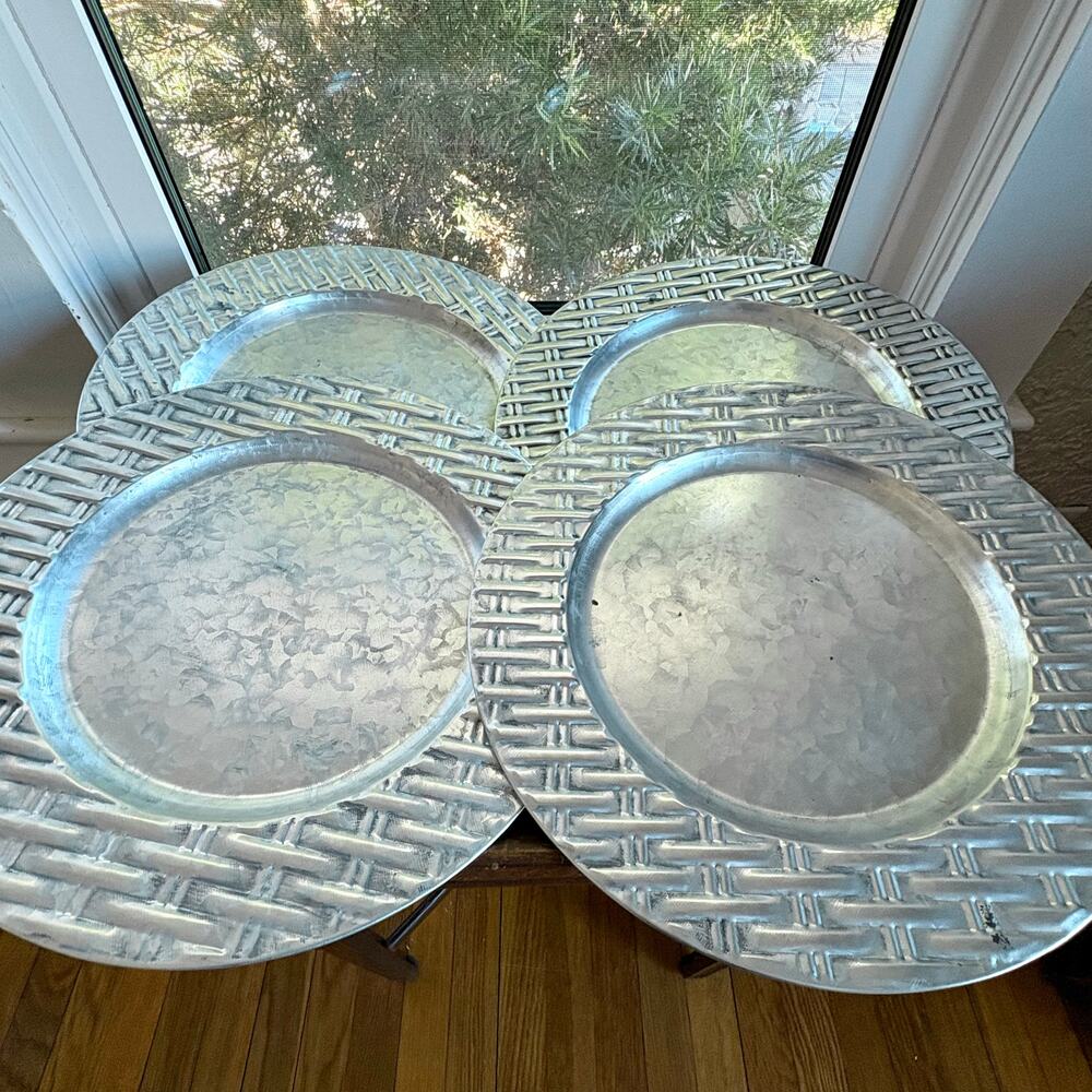 Vintage Set of 4 Galvanized Metal Basketweave Charger Plates 13” Farmhouse